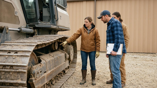 Two people inspecting excavator tracks at a gravel yard, one holding a clipboard