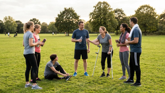 Diverse group relaxing and chatting on grass after outdoor group exercise session