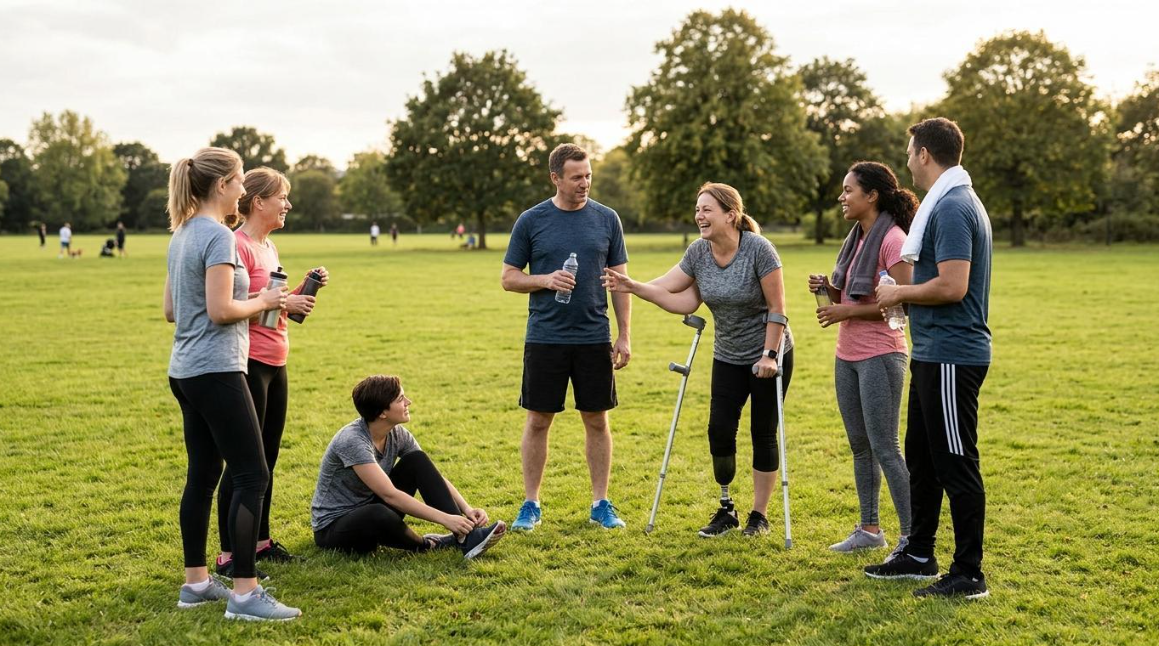 Diverse group relaxing and chatting on grass after outdoor group exercise session