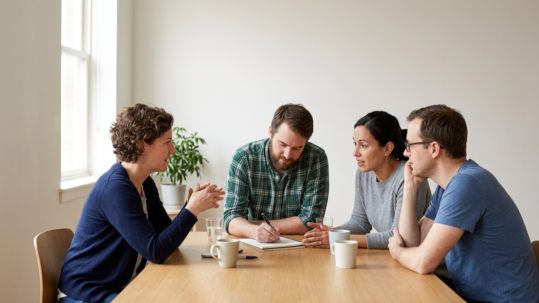 HR manager and working parents planning an employer-supported childcare benefit at a meeting table