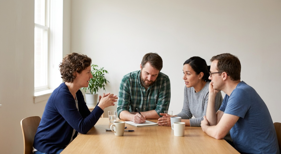 HR manager and working parents planning an employer-supported childcare benefit at a meeting table