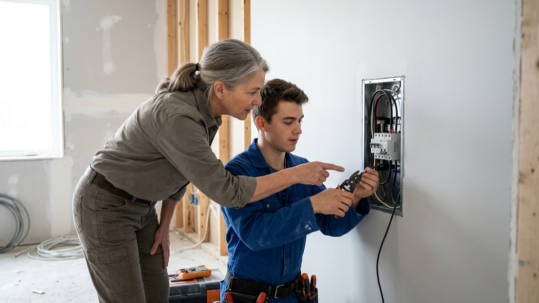 Experienced electrician guiding an apprentice as they wire an electrical panel on a job site
