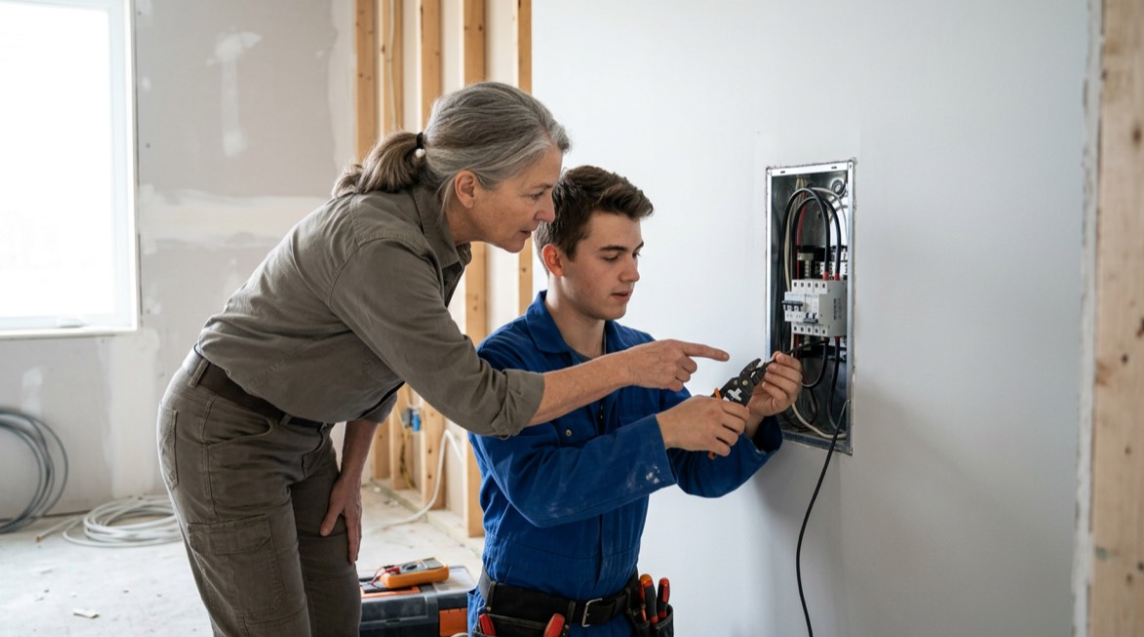 Experienced electrician guiding an apprentice as they wire an electrical panel on a job site